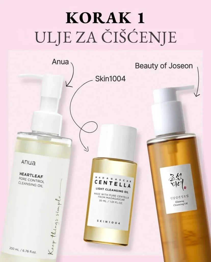 Korak 1 korejske njege: Ulje za čišćenje lica. Na svjetloružičastoj pozadini tri proizvoda za čišćenje: Anua Heartleaf Pore Control, Skin1004 Centella Light Cleansing Oil i Beauty of Joseon Ginseng Cleansing Oil.