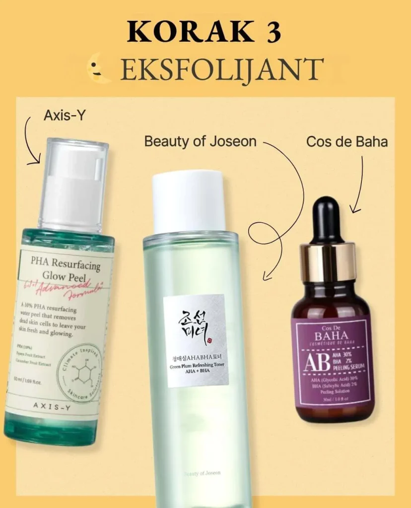Korak 3 korejske njege: (Večernji) Piling. Na žutoj pozadini proizvodi za eksfolijaciju: Axis-Y PHA Resurfacing Glow Peel, Beauty of Joseon Green Plum Toner i Cos De Baha AHA BHA serum.