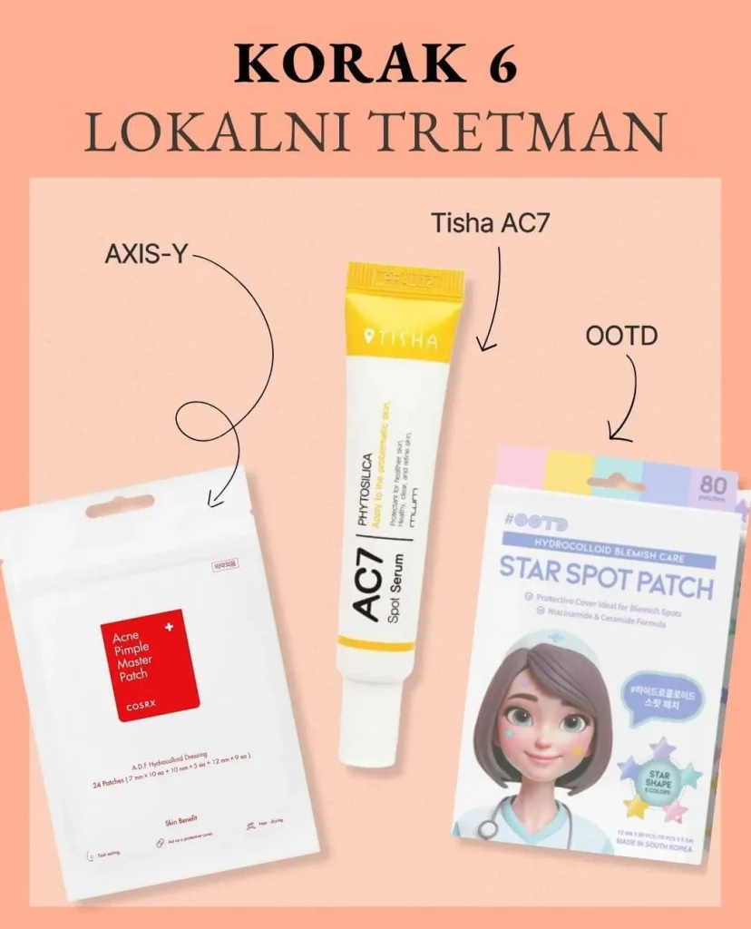 Korak 6 korejske njege: Lokalni tretman. Na narančastoj pozadini proizvodi za ciljano tretiranje nepravilnosti: Axis-Y flasteri, Tisha AC7 serum i OOTD flasteri u obliku zvjezdica.